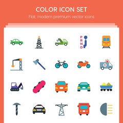 Modern Simple Set of transports, industry Vector flat Icons. ..Contains such Icons as  cargo,  sedan,  front,  travel,  side, power,  skater and more on red background. Fully Editable. Pixel Perfect..