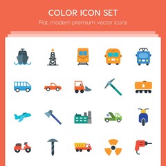 Modern Simple Set of transports, industry Vector flat Icons. ..Contains such Icons as  auto,  danger,  rig,  train,  underground,  equipment and more on red background. Fully Editable. Pixel Perfect..