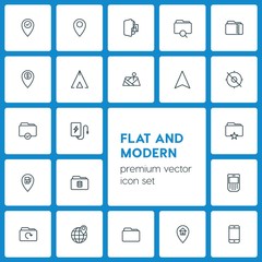 Modern Simple Set of location, folder, mobile Vector outline Icons. ..Contains such Icons as  data,  symbol,  pin,  location,  gps,  bank and more on dark background. Fully Editable. Pixel Perfect