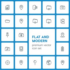 Modern Simple Set of location, folder, mobile Vector outline Icons. ..Contains such Icons as paper,  leaflet,  transportation,  power,  card and more on dark background. Fully Editable. Pixel Perfect
