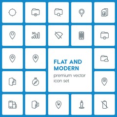 Modern Simple Set of location, folder, mobile Vector outline Icons. ..Contains such Icons as  goal,  rotate, music, business,  direction,  3g and more on dark background. Fully Editable. Pixel Perfect