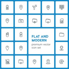 Modern Simple Set of location, folder, mobile Vector outline Icons. ..Contains such Icons as  gps, card,  transportation,  sim,  map,  pin and more on dark background. Fully Editable. Pixel Perfect