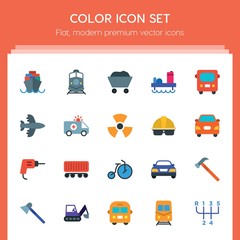 Modern Simple Set of transports, industry Vector flat Icons. ..Contains such Icons as dig,  speed, axe, train,  sedan,  work,  equipment and more on red background. Fully Editable. Pixel Perfect..