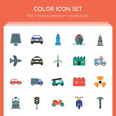 Modern Simple Set of transports, industry Vector flat Icons. ..Contains such Icons as  railway, train,  motion,  car, motorbike,  green, car and more on red background. Fully Editable. Pixel Perfect..