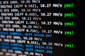 Crypto currency mining on the monitor of an office computer. The concept of mining bitcoins. The...