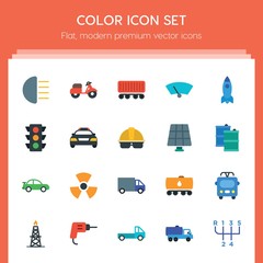 Modern Simple Set of transports, industry Vector flat Icons. ..Contains such Icons as  rig,  speed,  gas,  wagon,  tank,  diesel,  vehicle and more on red background. Fully Editable. Pixel Perfect..