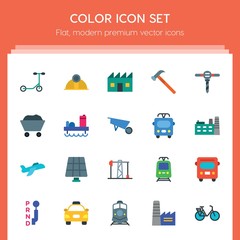 Modern Simple Set of transports, industry Vector flat Icons. ..Contains such Icons as energy, factory,  post,  travel,  renewable,  cycle and more on red background. Fully Editable. Pixel Perfect..