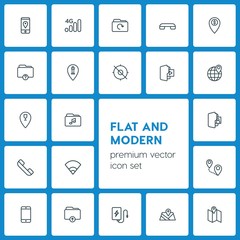 Modern Simple Set of location, folder, mobile Vector outline Icons. ..Contains such Icons as  technology,  telephone, route,  icon, folder and more on dark background. Fully Editable. Pixel Perfect