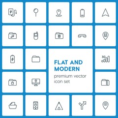 Modern Simple Set of location, folder, mobile Vector outline Icons. ..Contains such Icons as music,  battery,  business,  way,  web,  vector and more on dark background. Fully Editable. Pixel Perfect
