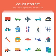 Modern Simple Set of transports, industry Vector flat Icons. ..Contains such Icons as  repair, freight,  aviation,  auto,  sport, air, ocean and more on red background. Fully Editable. Pixel Perfect..