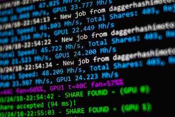 Mining Cryptocurrency process program on display PC. Using Software. Share Found.