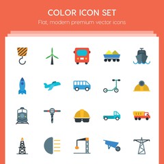 Modern Simple Set of transports, industry Vector flat Icons. ..Contains such Icons as  set,  urban,  tower,  hammer,  production, light, bus and more on red background. Fully Editable. Pixel Perfect..