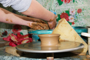 Pottery making process. Ceramic from clay. Potters in work. Art of pottery