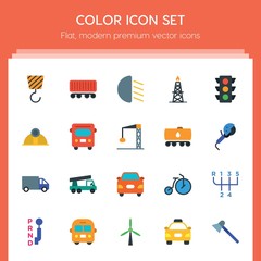 Modern Simple Set of transports, industry Vector flat Icons. ..Contains such Icons as  truck, light,  bicycle,  hammer,  bright,  rig,  city and more on red background. Fully Editable. Pixel Perfect..