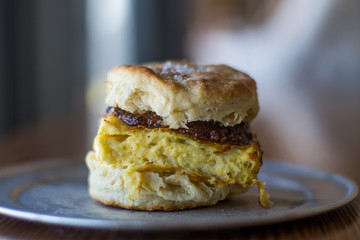 baked egg and bacon jam biscuit sandwich