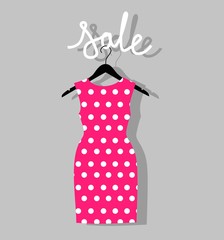 pink dress on a hanger and an inscription sale. Vector illustration with sale of clothes for woman