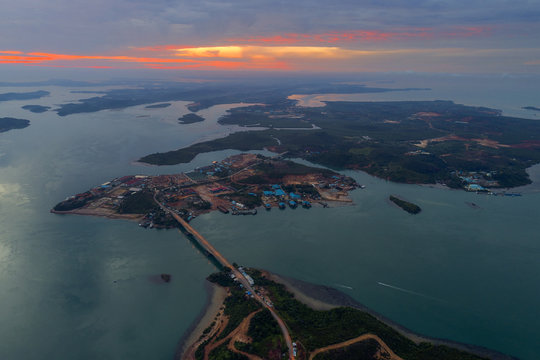 Aerial view of Barelang Bridge a chain of six bridges of various types that connect the islands of Batam at sunrise, Indonesia