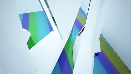 Abstract white and colored gradient glasses interior multilevel public space with window. 3D illustration and rendering.