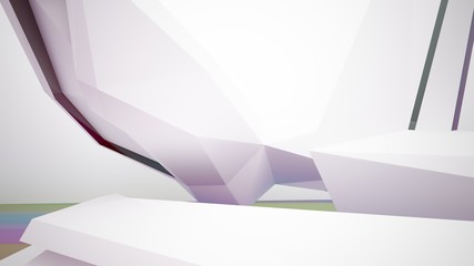 Abstract white and colored gradient glasses interior multilevel public space with window. 3D illustration and rendering.