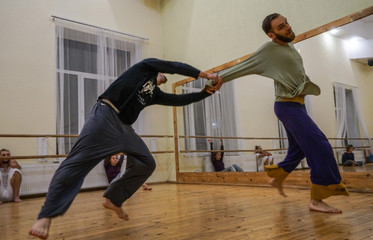 two dancers improvise. contemporary dance performing