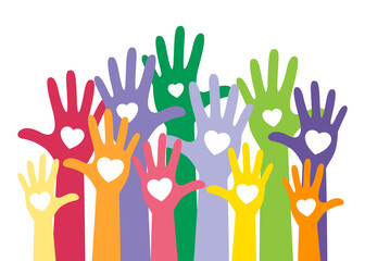 colorful up hands with heart, raise up for vote concept. Vector illustration isolated on white background