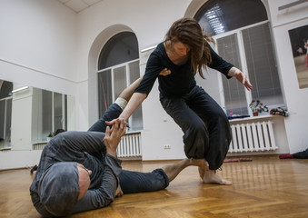 two dancers improvise. contemporary dance performing