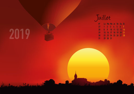 calendrier 2019 - calendrier - montgolfière - 2019 - paysage - juillet - année - mois - été - jour férié