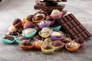 a lot of variety chocolate pralines, belgian confectionery gourmet chocolate.