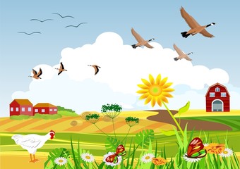 Countryside vector illustration, migratory birds flying above little village, spring, summer outside view