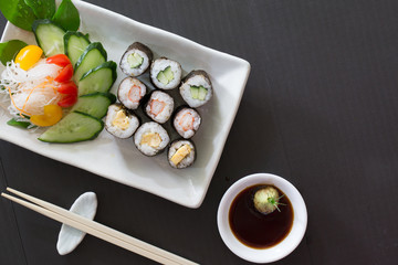 Sushi multiple stuffed Japanese food  on white dish with wasabi sauce / Selective focus and space for message..