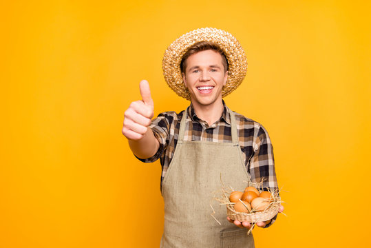 Portrait of satisfied excited hard-working delightful rejoicing handsome friendly kind farmer holding small basket with brown eggs in hand making finger up symbol isolated on bright background