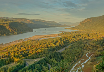 Columbia River Highway, Corbett in Oregon, USA - October 13, 2015: Panoramic view from Crown Point Vista House over the Columbia River Gorge in a sunset