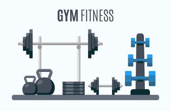 Bodybuilding equipment. Flat design icons on fitness gym exercise equipment
