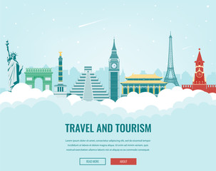 Fototapeta premium Travel composition with famous world landmarks. Travel and Tourism. Concept website template. Vector