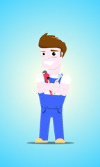 cute vector of a plumber in workwear with tools in his hand / portrait in cartoon version of a standing plumber with arms folded, in a work outfit with the main tools of the trade