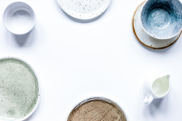 ceramic tableware top view on white background mock up