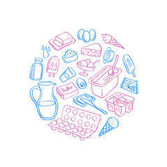 Vector hand drawn dairy elements in round shape isolated on white background illustration