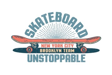 Skateboarding vintage emblem with red skateboard and inscriptions. Distressed textures on separate layer. © Agor2012