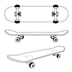 Fotobehang Classic skateboard view from the side, bottom and at an angle. Monochrome contour drawing. © Agor2012