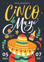 Cinco De Mayo poster design with hand written text.