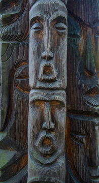 Wooden Tree Sculpture: Close-up of Face Carved in Wood, Handmade.
