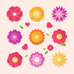 Fototapeta na wymiar Paper cut flowers - set of modern vector colorful objects