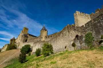 Fototapeta na wymiar Looking up at the Castle fortress of Carcassonne in the south of France