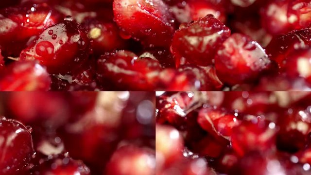 collage. Pomegranate close up. Beautiful juicy red pomegranate. Several frames on one video. Rotating fresh pomegranate seeds for food. Pomegranate
