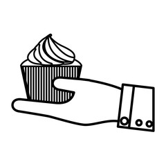 hand with delicious and sweet cupcake vector illustration design