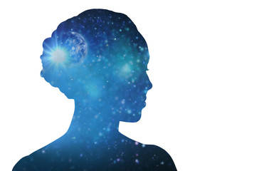 mindfulness, harmony and spirituality concept - blue woman silhouette of space over white background