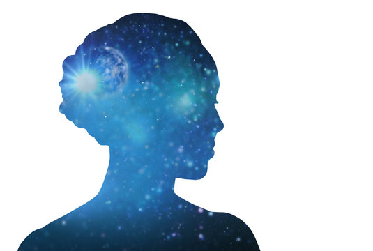 Mindfulness, Harmony And Spirituality Concept - Blue Woman Silhouette Of Space Over White Background