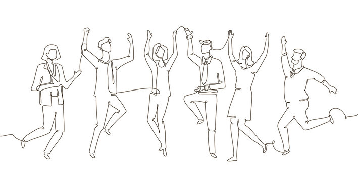 Business team celebrating - one line design style illustration