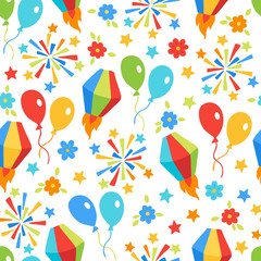 Festa Junina seamless pattern with lantern, balloon, flower, firework, stars