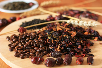 Herbal tea and coffee beans